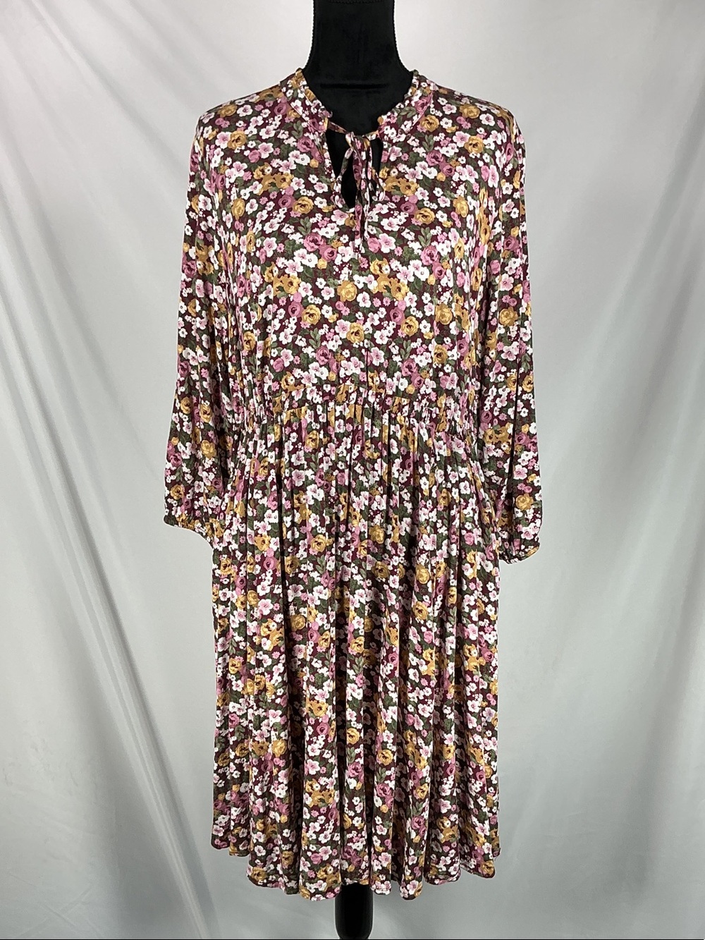 torrid Floral Midi Dress in Brown with Pink & Mustard Blossoms